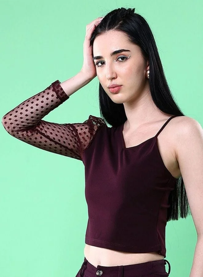 Women Regular Fit Solid Asymmetric Neck Long Sleeve Fitted Top