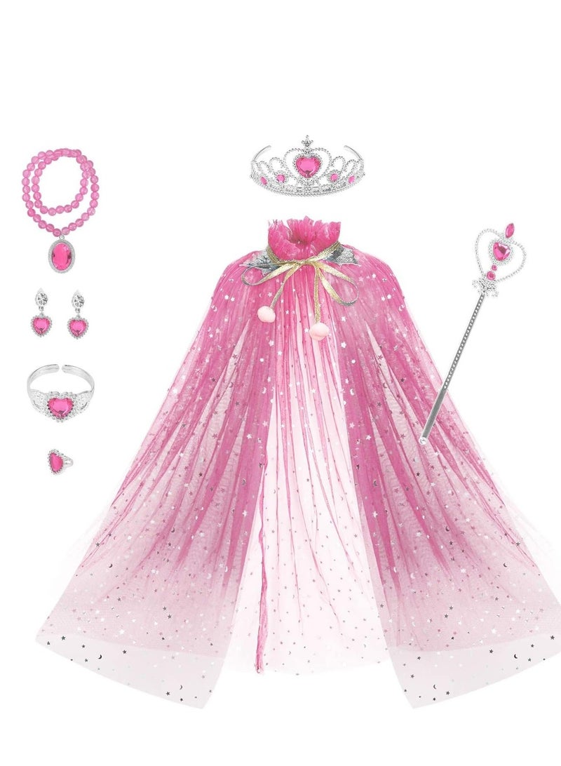 Princess Cape Set 7 Pieces Girls Cloak with Tiara Crown, Wand for Little Dress up, Pink - Image 1