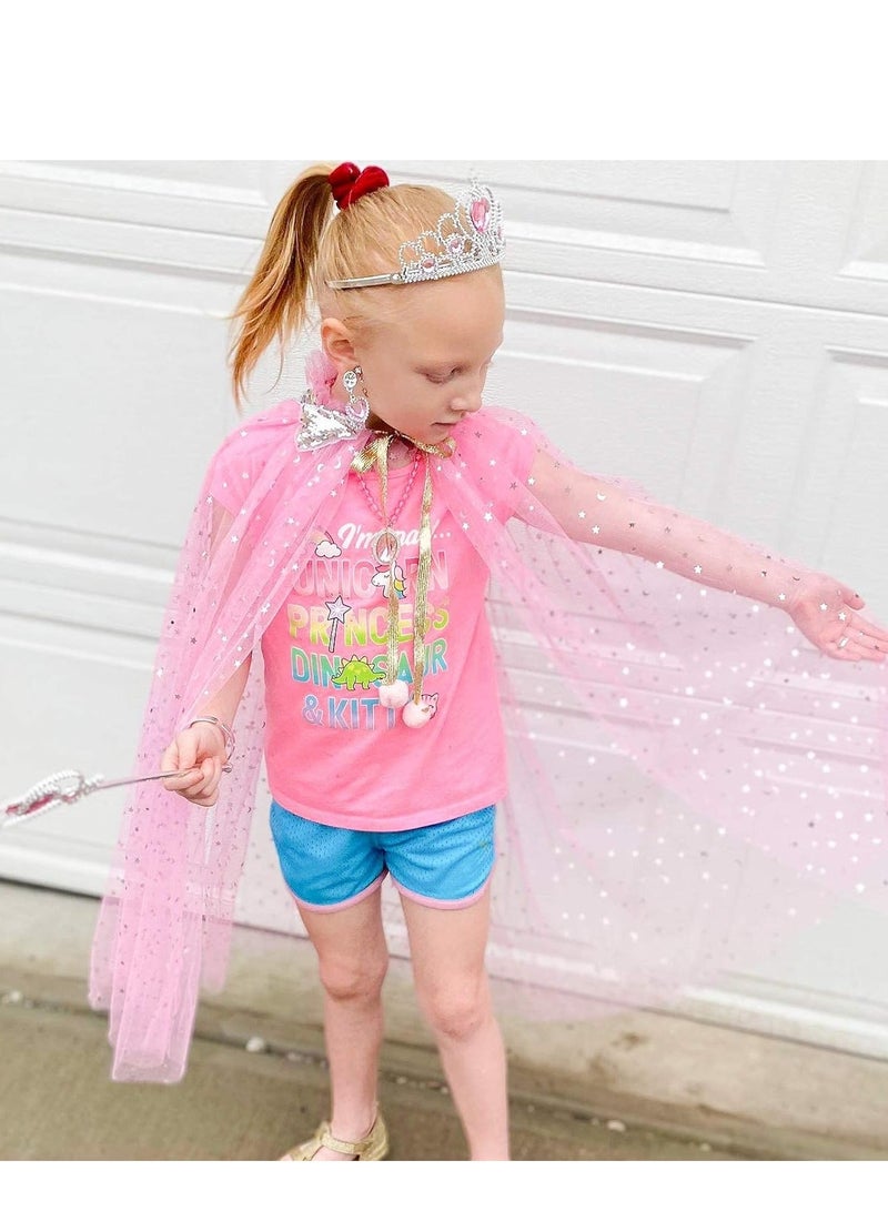 Princess Cape Set 7 Pieces Girls Cloak with Tiara Crown, Wand for Little Dress up, Pink - Image 2