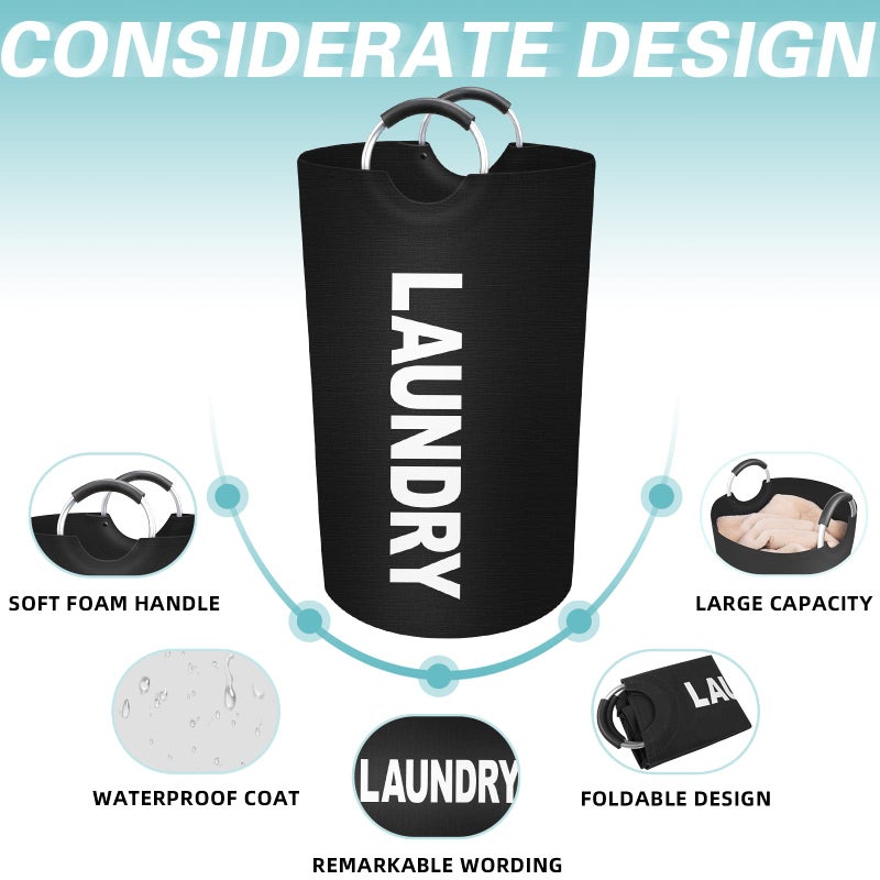 StorageRight 90L Large Laundry Basket, Laundry Hamper, Dirty Clothes Hamper for Laundry, Collapsible, Waterproof Laundry Baskets with Foam Protected Aluminum Handles for Laundry, Dorm, Family (Black) - Image 3