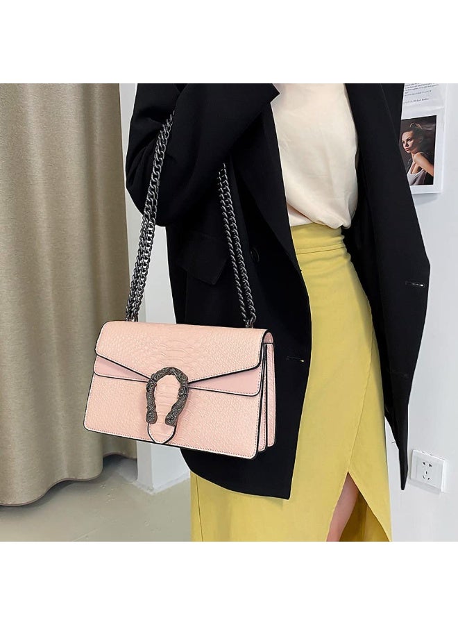 Vintage Snake Print Leather Shoulder Bag for Women Fashion Crossbody Satchel Handbag with Chain Strap Small Satchel for Daily Use Pink - Image 3