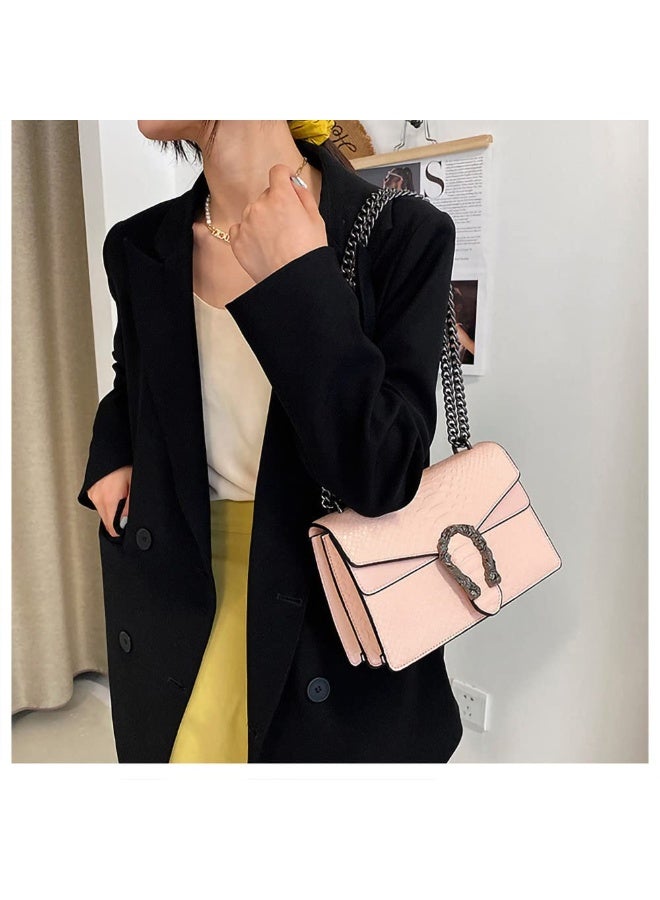 Vintage Snake Print Leather Shoulder Bag for Women Fashion Crossbody Satchel Handbag with Chain Strap Small Satchel for Daily Use Pink - Image 4
