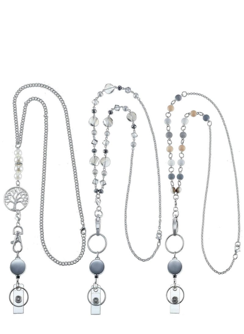 SYOSI 3 Pieces ID Badge Lanyard Necklace with ID Holder Clip Stainless Steel Beaded Chain Retractable Badge Reel Present - Image 1