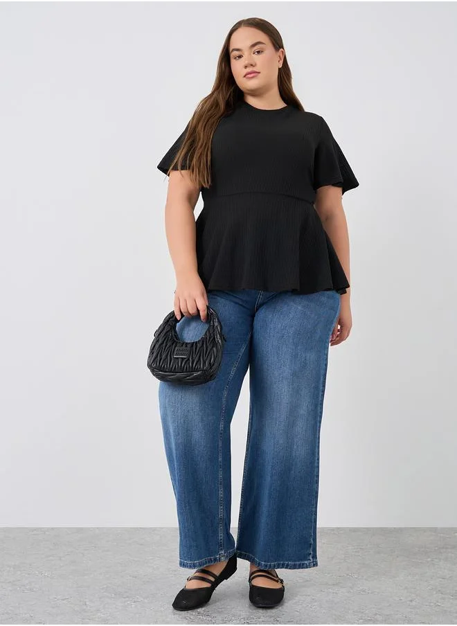 Styli Styli Plus Size Ribbed Round Neck Peplum T-Shirt