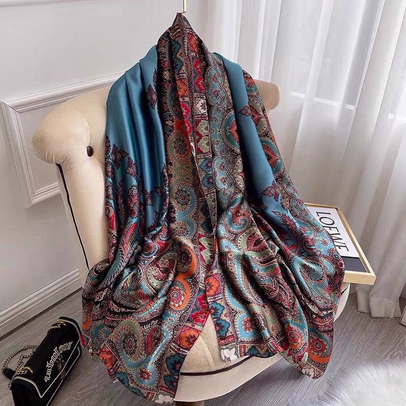 New Summer Lotus Yourou Yarn Long Scarf Shawl Scarf Sunscreen Li Jin Forged Printing Baotou Scarf Direct Selling Purple and blue 