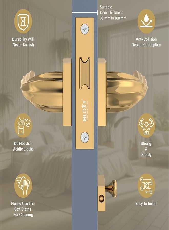 GLOXY Brass Door Locks for Bathroom Door Lock,Mortise Keyless Handle Set with Brass Baby Latch for Bathroom, Kitchen | Gold Finish (2 Years Warranty, Pack of 1) - Image 2