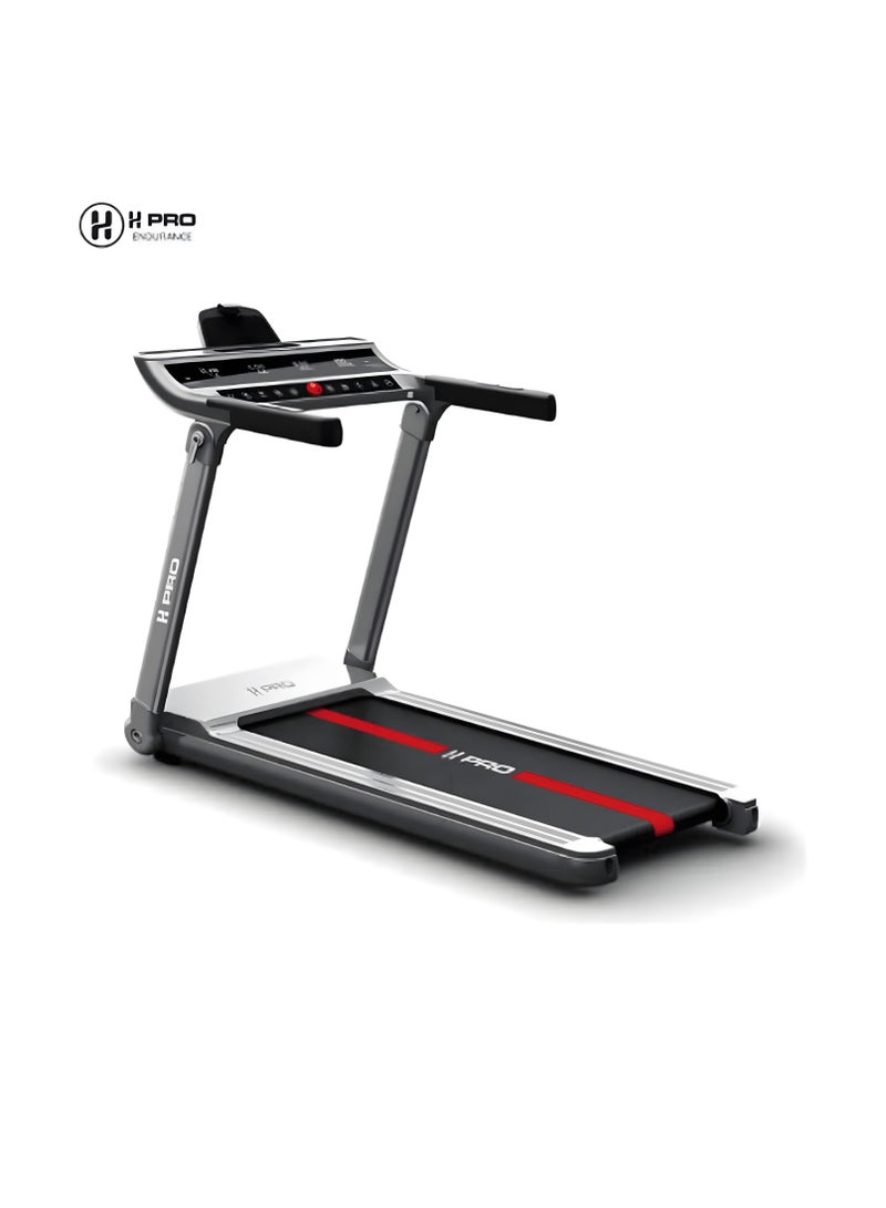 أتش برو جهاز مشي قابل للطي من إتش برو HM796 مزوّد بمحرك تيار مستمر DC بقوة قصوى ٤ حصان، بسرعة تصل إلى ١٤ كم/س، وبقدرة تحمّل ١١٠ كجم، مع شاشة عرض LED، ومناسب لمعدات اللياقة البدنية في الجيم المنزلي. - Image 1