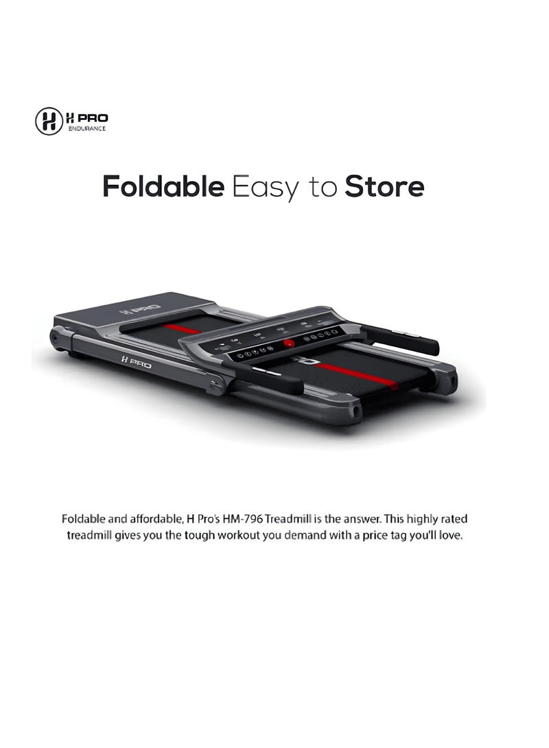 أتش برو جهاز مشي قابل للطي من إتش برو HM796 مزوّد بمحرك تيار مستمر DC بقوة قصوى ٤ حصان، بسرعة تصل إلى ١٤ كم/س، وبقدرة تحمّل ١١٠ كجم، مع شاشة عرض LED، ومناسب لمعدات اللياقة البدنية في الجيم المنزلي. - Image 3