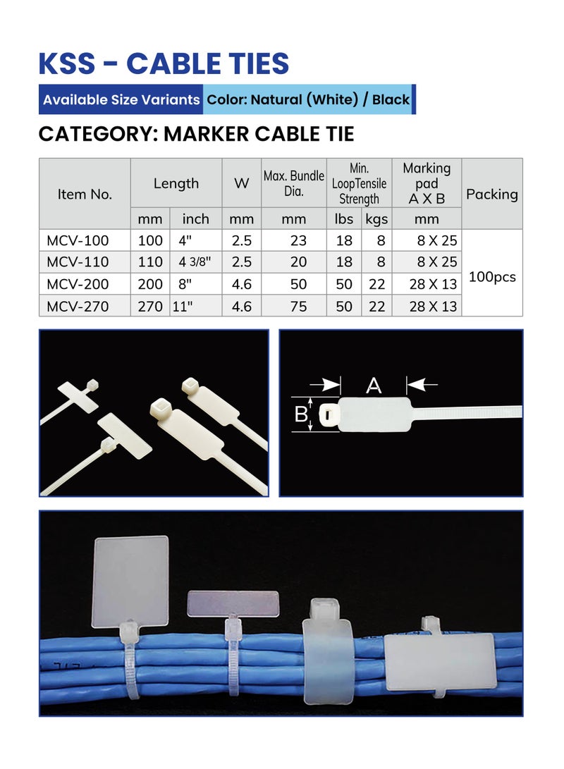 KSS Marker Cable Ties, UL Approved Nylon 66, 94V-2, Labeling Cable Ties - 100 Pieces/Pack - Image 3