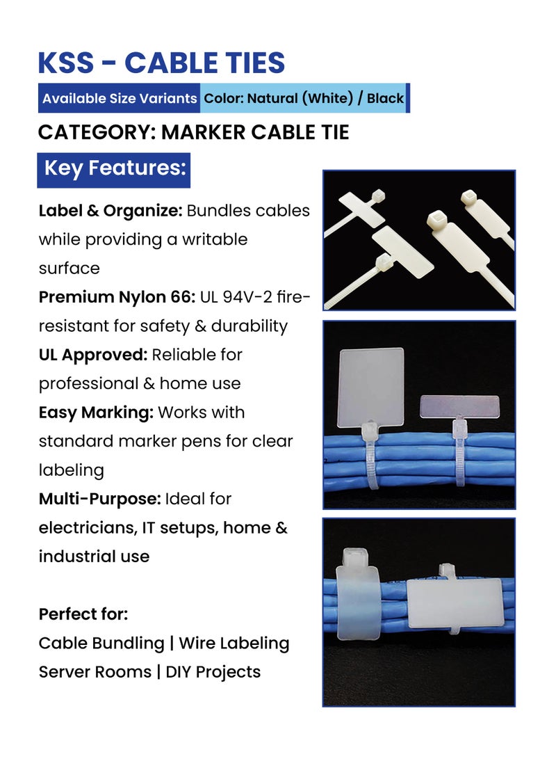 KSS Marker Cable Ties, UL Approved Nylon 66, 94V-2, Labeling Cable Ties - 100 Pieces/Pack - Image 4