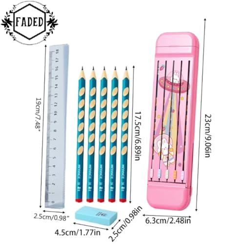 Faded Pink ABS Pencil Case for Students – Compact Hard Shell Stationery Box with Pencil Slot, 5 Pencils, Ruler & Eraser | Durable School Supplies Kit Students - Image 3