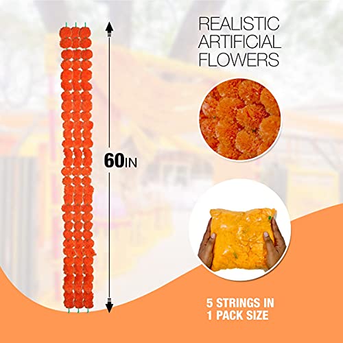 DIYANA IMPEX Marigold Garland for Decoration 5 feet Long Strands Artificial Marigold Flowers, Indian Décor for Pooja, Wedding Christmas, Events (Orange, 5) - Image 4