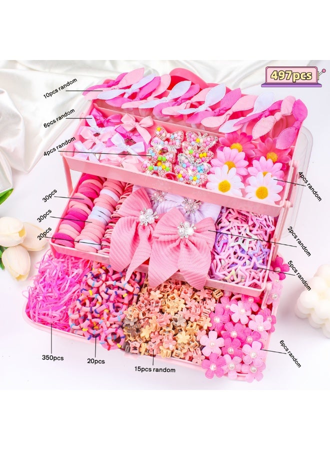 JUMEI 497 Pcs Girls Pink Hair Accessories Set Gift Box – Hair Bows, Hair Ties, Bunny Ear Headbands, Star Clips & Flower Hairpins for Kids - Image 1