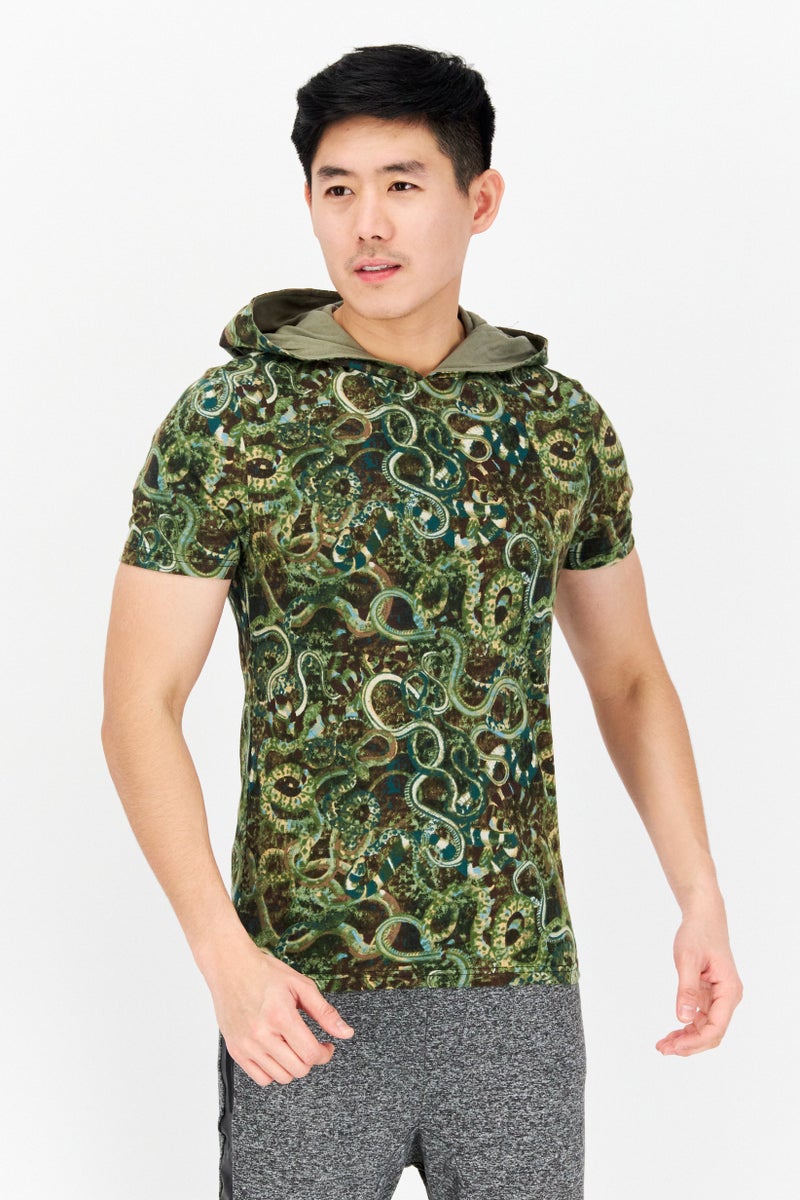 INC Men Hood Short Sleeve Snake Print T-Shirts, Green Combo - Image 1