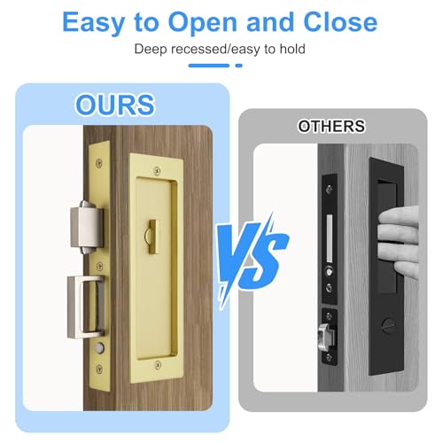Dontay Rectangular Pocket Door Mortise Lock and Edge Pull Narrow Modern Sliding Door PopUp Handle BedBath Pull Latch Recessed Hardware for 1 38 to 2 316 Thickness Keyed Lock Satin Brass - Image 3