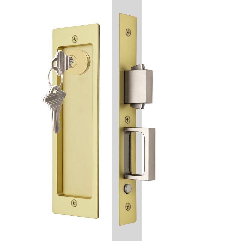 Dontay Rectangular Pocket Door Mortise Lock and Edge Pull Narrow Modern Sliding Door PopUp Handle BedBath Pull Latch Recessed Hardware for 1 38 to 2 316 Thickness Keyed Lock Satin Brass - Image 2