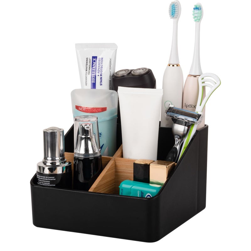 Toothbrush Holder for Bathrooms 5 Slots Tooth Brush Holder with Detachable Bamboo Dividers Countertop Organizer for Electric Toothbrushes Toothpaste Razors Floss Black