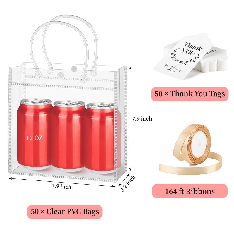 Mauproy 50 Pack Clear Plastic Gift Bags with Handles, Party Favor Bags with Ribbons and Tags, Reusable Goodie Tote Bag for Mother's Day Wedding Baby Shower (7.9â€ x 7.9â€ x 3.2") - Image 2