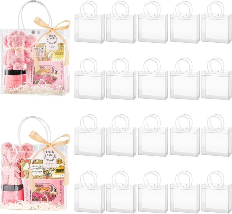 Mauproy 50 Pack Clear Plastic Gift Bags with Handles, Party Favor Bags with Ribbons and Tags, Reusable Goodie Tote Bag for Mother's Day Wedding Baby Shower (7.9â€ x 7.9â€ x 3.2") - Image 1