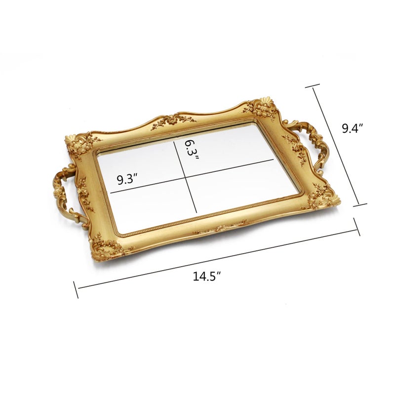 Tstarer Antique Decorative Gold Framed Square Mirror Tray, Jewelry & Cosmetics Organizer for Dresser, Square - 9.5" W x 14.5" L (Golden) - Image 3