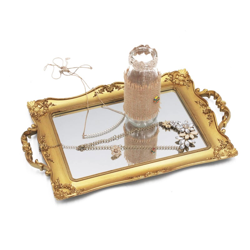 Tstarer Antique Decorative Gold Framed Square Mirror Tray, Jewelry & Cosmetics Organizer for Dresser, Square - 9.5" W x 14.5" L (Golden) - Image 2