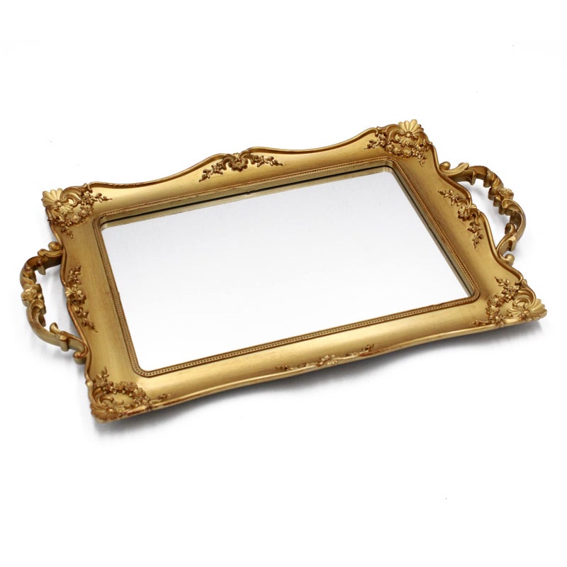 Tstarer Antique Decorative Gold Framed Square Mirror Tray, Jewelry & Cosmetics Organizer for Dresser, Square - 9.5" W x 14.5" L (Golden) - Image 1