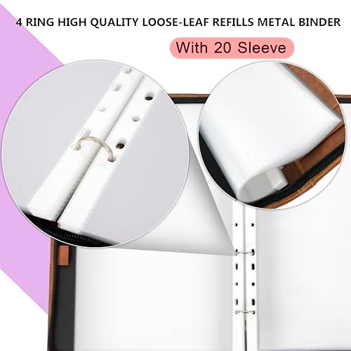 NISUN PU Leather 4 Ring Professional File Folder for Documents Certificates, Conference Folder, File with 20 Leafs (Tan) - Image 5