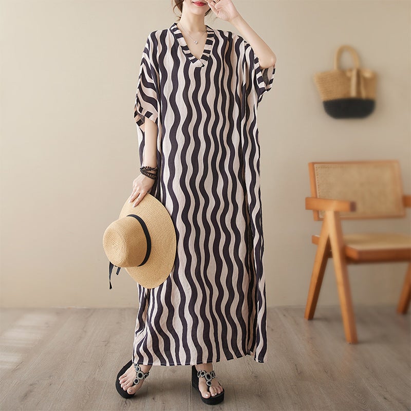 Artistic Retro Mid-Length Plus Size Loose Thin Cotton Linen Print Wave Strip Elegant Ethnic Style Dress - Image 2