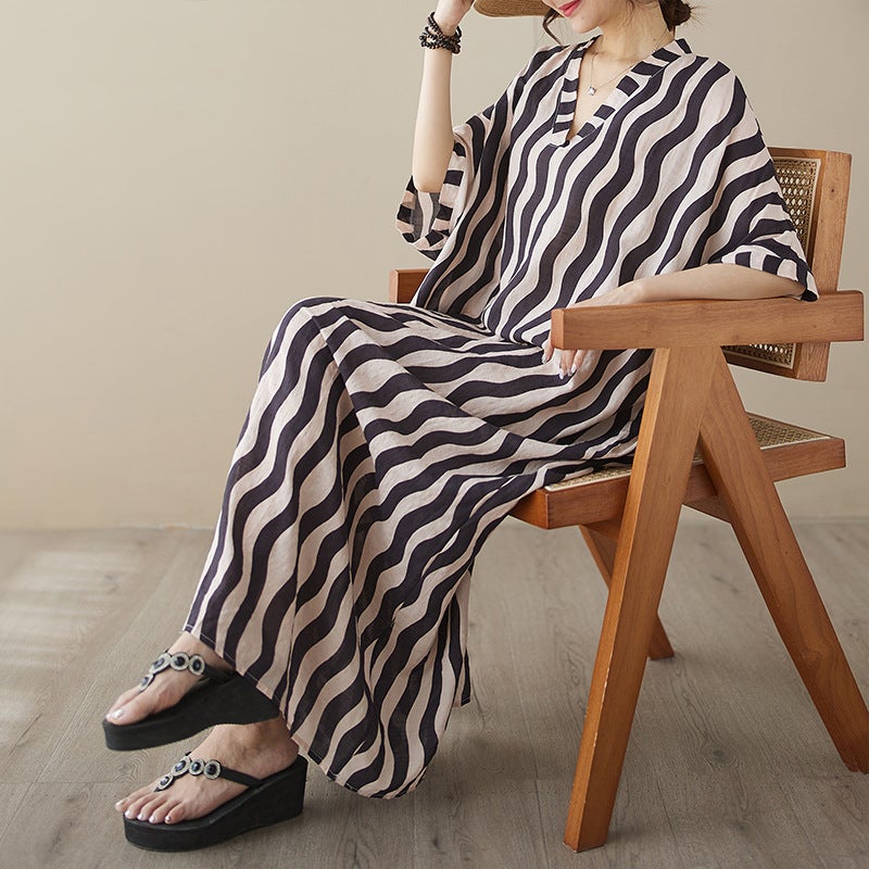 Artistic Retro Mid-Length Plus Size Loose Thin Cotton Linen Print Wave Strip Elegant Ethnic Style Dress - Image 5