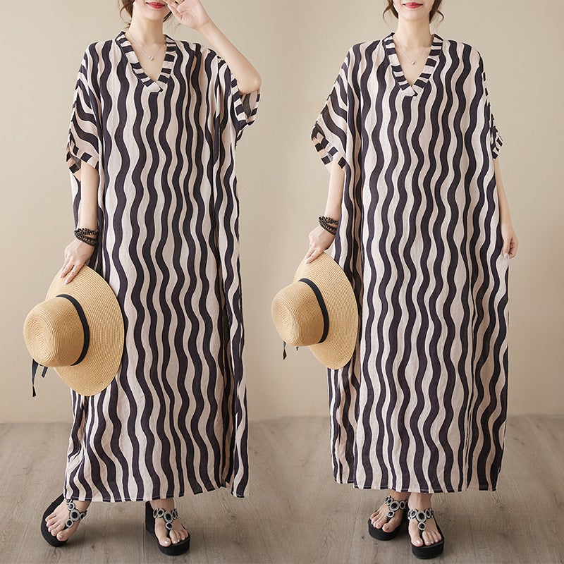 Artistic Retro Mid-Length Plus Size Loose Thin Cotton Linen Print Wave Strip Elegant Ethnic Style Dress - Image 3