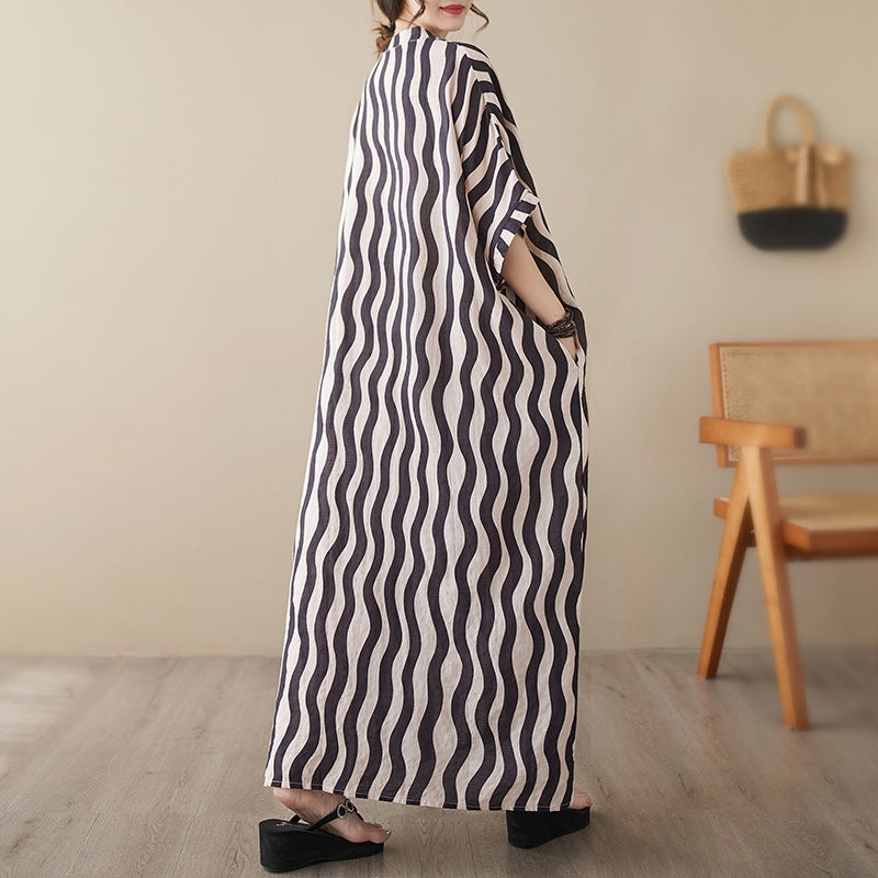 Artistic Retro Mid-Length Plus Size Loose Thin Cotton Linen Print Wave Strip Elegant Ethnic Style Dress - Image 4