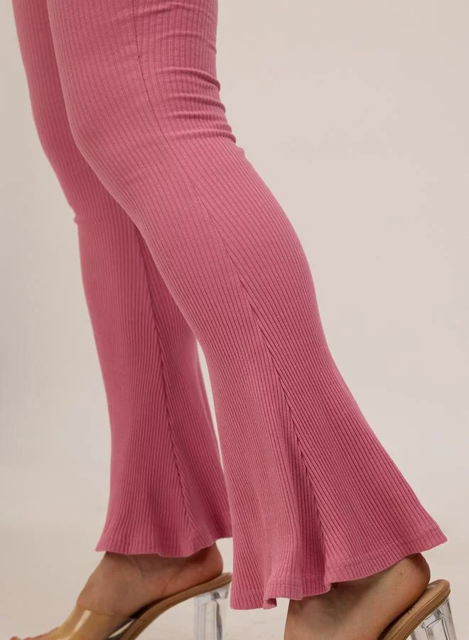 OUTZIDR  Pink Ribbed Basic Flared Leggings for Women | Best Price UAE