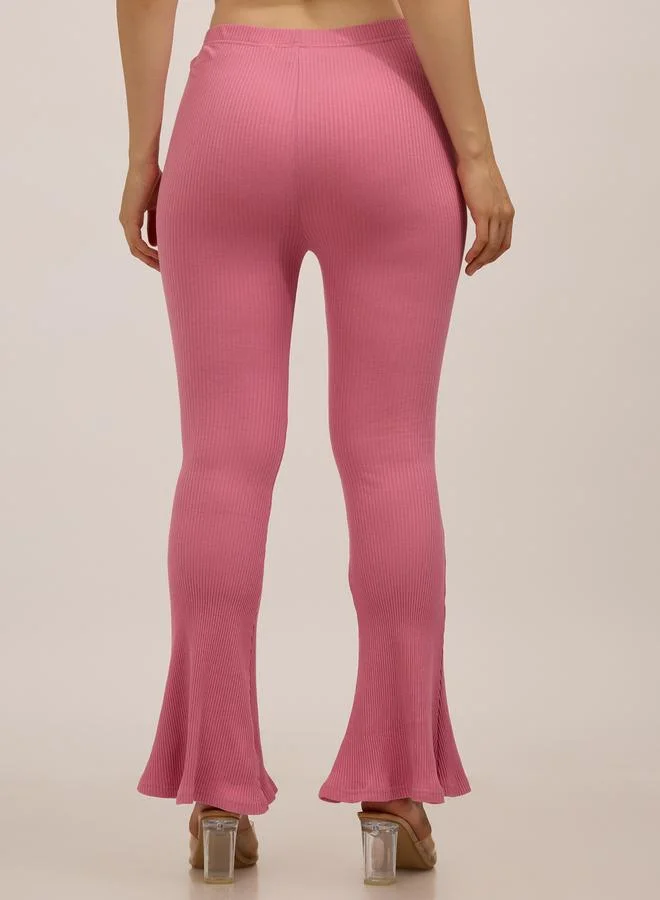 OUTZIDR  Pink Ribbed Basic Flared Leggings for Women | Best Price UAE