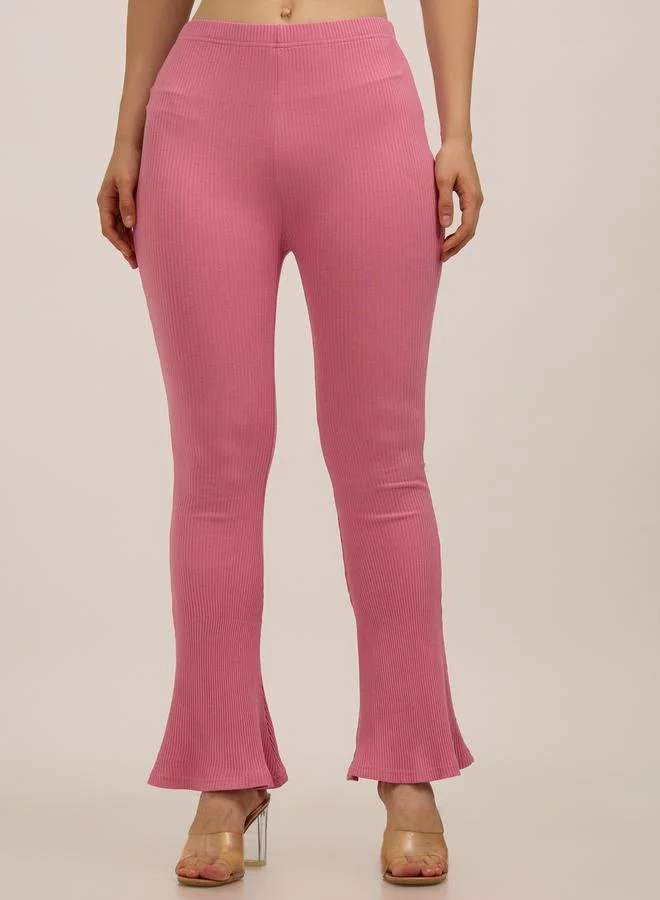 OUTZIDR  Pink Ribbed Basic Flared Leggings for Women | Best Price UAE
