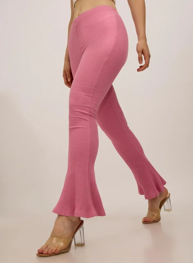 OUTZIDR  Pink Ribbed Basic Flared Leggings for Women | Best Price UAE