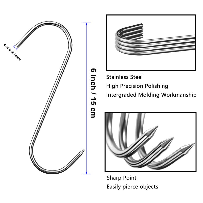 LayHyand 12 Pcs Meat Hooks, 5 Inch Butcher Hooks Stainless Steel (4MM Diameter), S Shaped Meat Processing Hooks for Hanging Bacon, Sausage, Hunting Smoking Ribs, Drying, Grillling BBQ For Kitchen, Market - Image 2