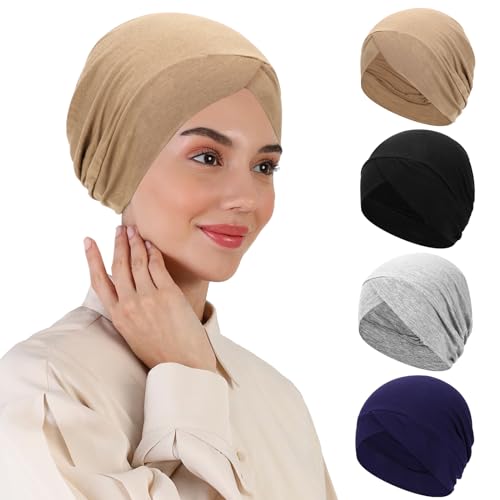 XEPST 4 PCS Hijab Undercap for Women, Islamic Muslim Under Hijab Cap Cross Turban Underscarf Solid Color Undercap Bonnet Inner Head Scarf Head Wraps Hair Turbans for Women Chemo Headwear Sleep Cap - Image 1