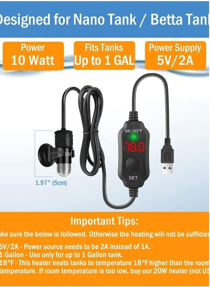 ماركة غير محددة Adjustable 10W Betta Heater, Small Submersible Fish Tank Heater with Digital Display Thermostat, USB Powered, for Aquariums up to 1 Gallon  - Image 3
