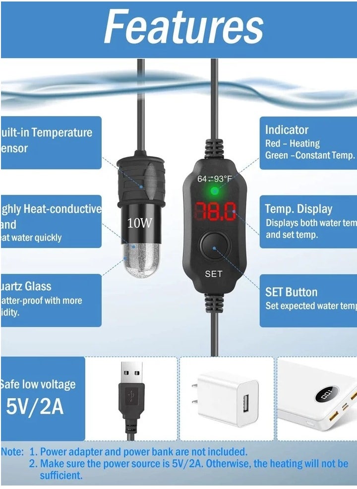 ماركة غير محددة Adjustable 10W Betta Heater, Small Submersible Fish Tank Heater with Digital Display Thermostat, USB Powered, for Aquariums up to 1 Gallon  - Image 5