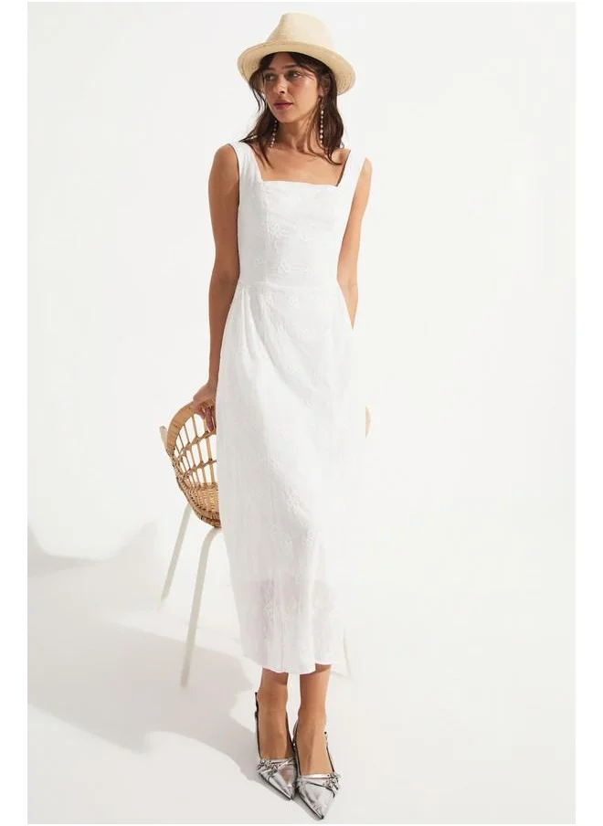 جون June Women Guipure Detailed Cotton Midi Dress Ecru