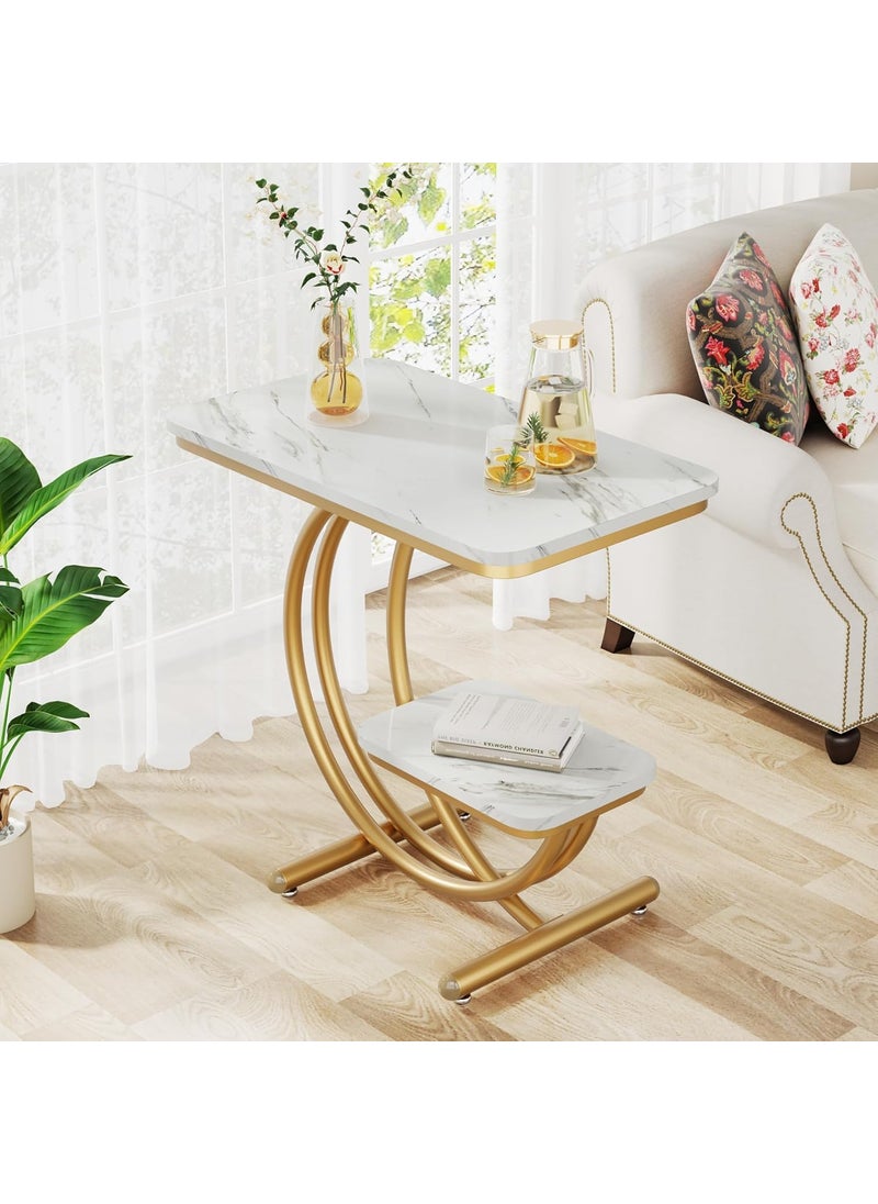 FURNIFOX FURNIFOX Coffee Table for Living Room End Table Beside Tables with Metal Legs Small Accent Snack Tables Nightstand for Multipurpose Square Table Golden White 