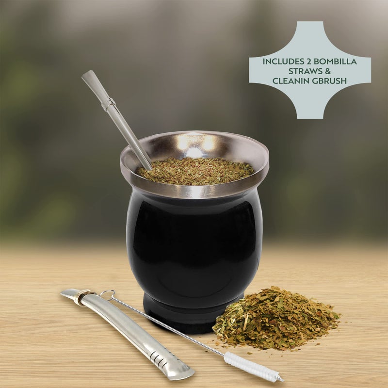 Norte Group Norte Yerba Mate Cup Kit, 8-Ounces Traditional Mate Tea Cup/Gourd Set | Includes 2 Bombillas (Yerba Mate Straw) & Cleaning Brush, Stainless Steel Cup, Double-Walled, Easy to Clean | Black - Image 2