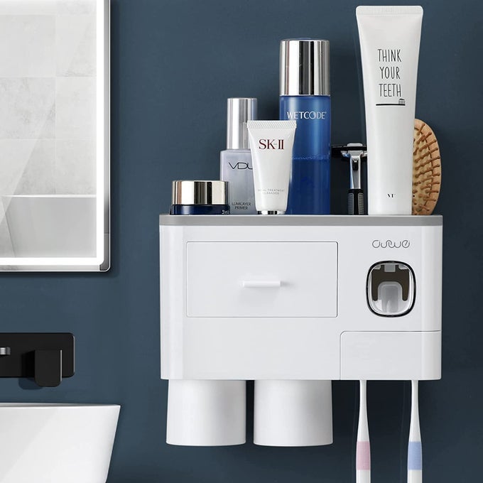 PLASTIC TOOTHBRUSH HOLDER WALL MOUNTED TOOTHBRUSH HOLDERS FOR BATHROOM TOOTHPASTE DISPENSER WITH 6 TOOTHBRUSH HOLDER HOOK 2 CUP WHITE