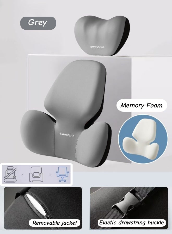 Lumbar And Neck Pillow Set,Lumbar Support Pillow For Office Chair,Ergonomic Lumbar Support Cushion,Back Support Pillow For Car, Chair Cushions,High-Density Memory Foam Back Pillow For Office/Car/Home,Removable Washable(Grey) - Image 1