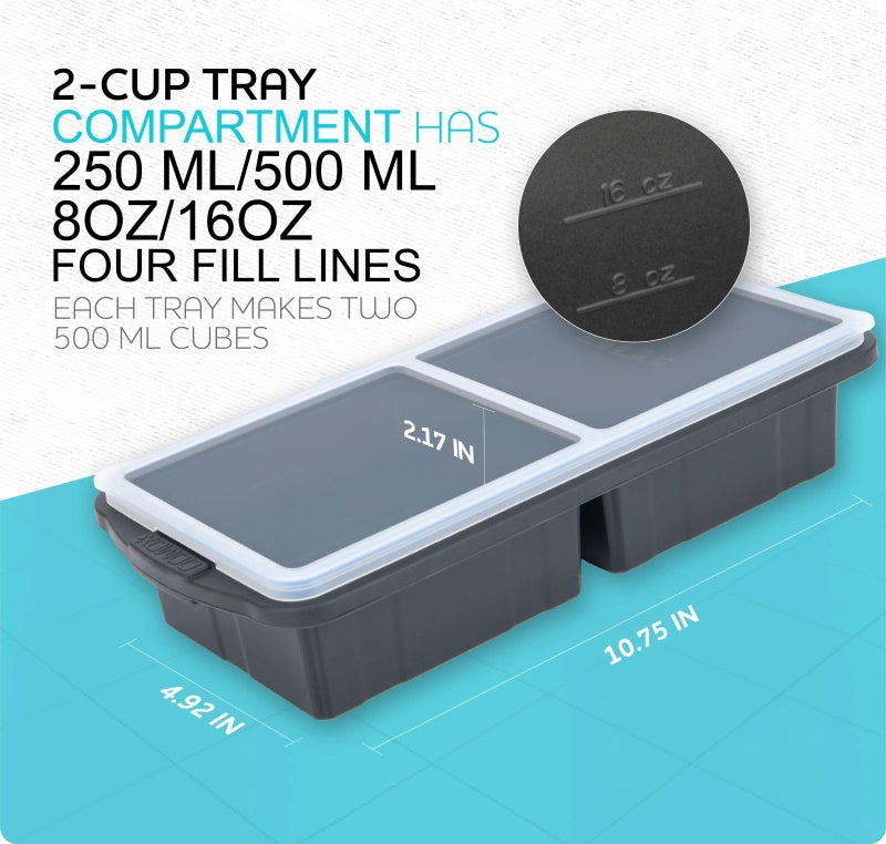 XOMOO Silicone Freezer Tray With Lid-Soup Freezer Container molds-2-cup Extra Large Ice Cube Tray-makes 4 perfect 500ml portions cubes, For freezing soup,stews,sauces.Oven&Dishwasher-Safe(2-Pack) - Image 4