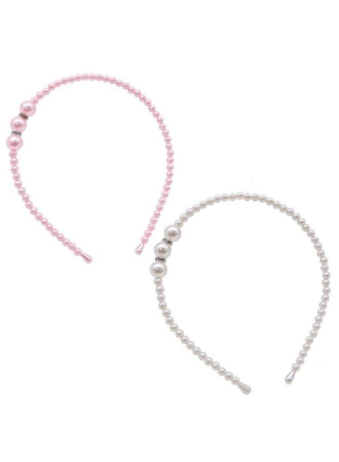 El Regalo 2 Pcs Pink & White Pearls Hairbands For Girls/Teens/Women ; Bridal Headpieces Women Girls Pearls Hair Accessories - Image 1