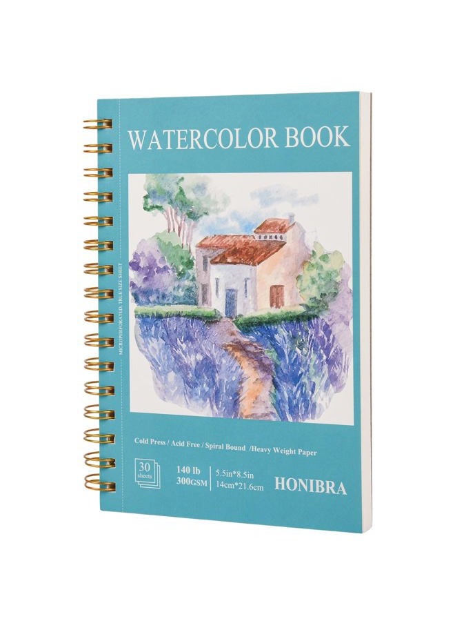 HONIBRA Watercolor Paper Pad 5.5" x 8.5", 30 Sheets 140lb/300g Cold Press Small Watercolor Sketchbook, Spiral Bound Watercolor Journal for Adults & Kids Exercises or Mixed Media Drawing and Markers - Image 1