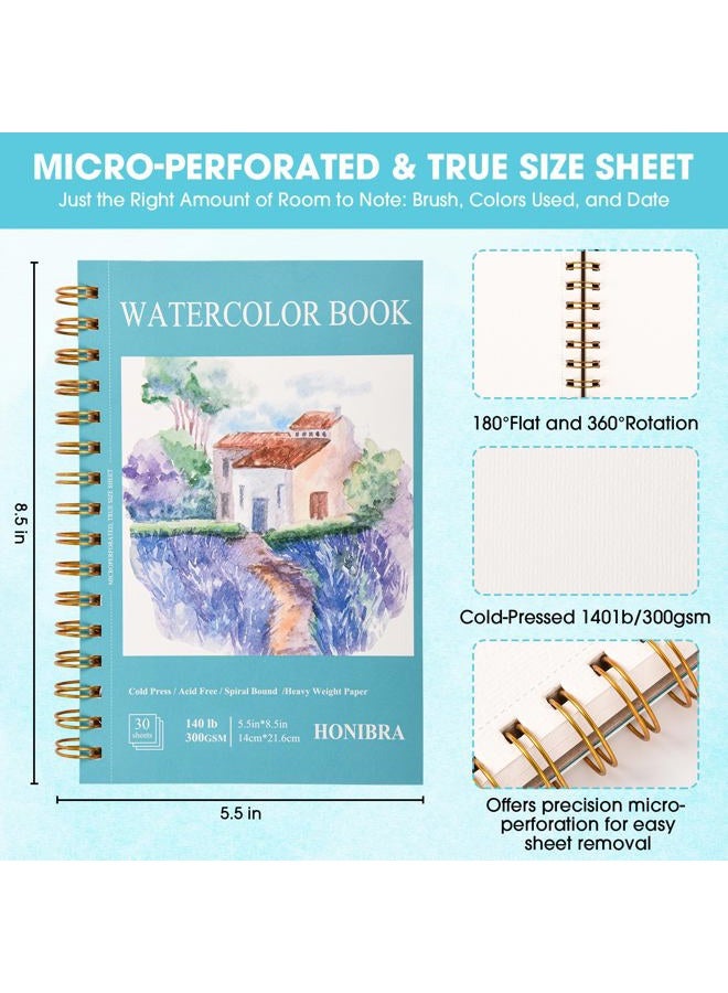 HONIBRA Watercolor Paper Pad 5.5" x 8.5", 30 Sheets 140lb/300g Cold Press Small Watercolor Sketchbook, Spiral Bound Watercolor Journal for Adults & Kids Exercises or Mixed Media Drawing and Markers - Image 2