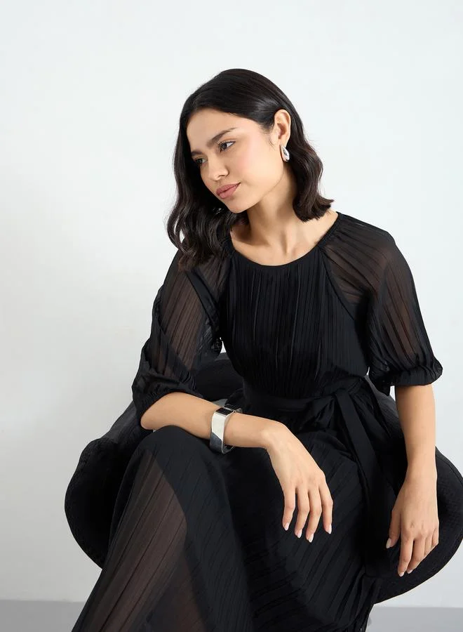 Styli Styli Pleated Balloon Sleeves A-Line Maxi Dress
