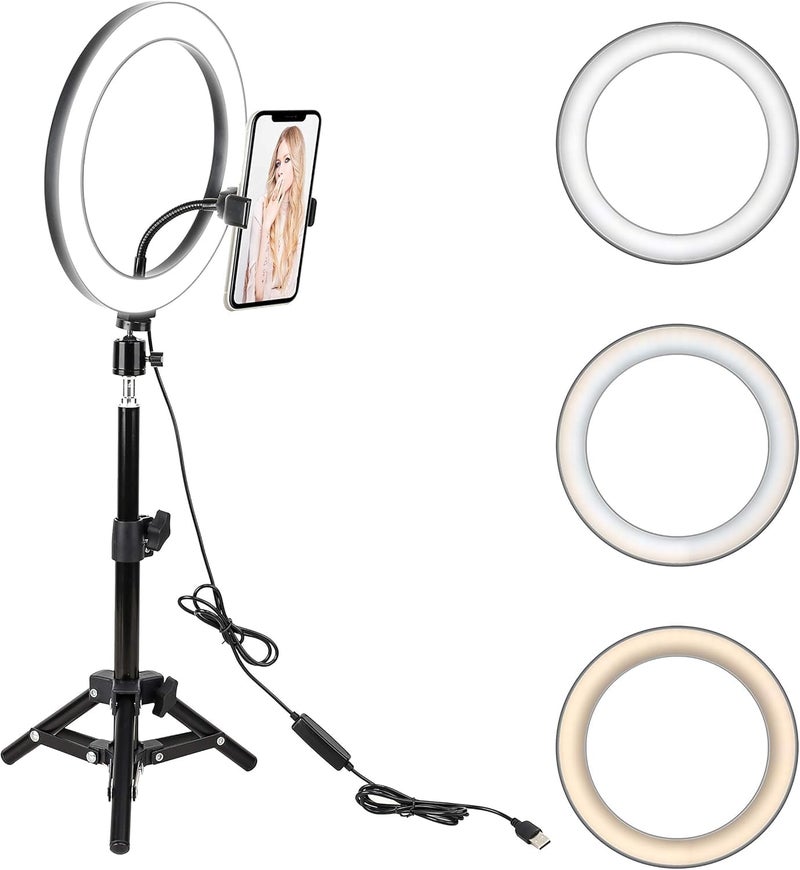 SHOPEE 10" LED Selfie Ring Light with Tripod Stand & Cell Phone Holder for Tiktok/Live Stream/Makeup, Dimmable Desktop Camera Ringlight for YouTube Video/Photography Compatible with iPhone/Android - Image 1